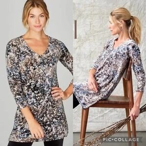 Long Sleeve V-Neck Printed Tunic Top - Blue Gray Mix